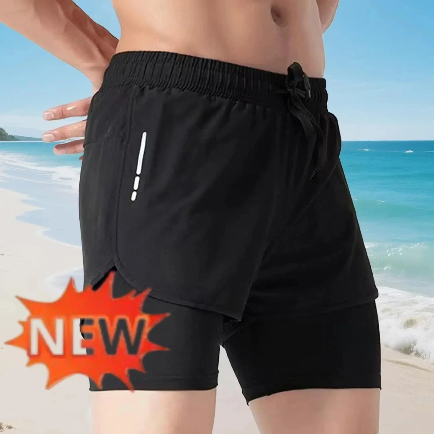 Men's 2‑in‑1 Swim Trunks Quick Dry Beach Shorts, Elastic Waist Drawstring Board Shorts with Zipper Pockets for Surfing Running