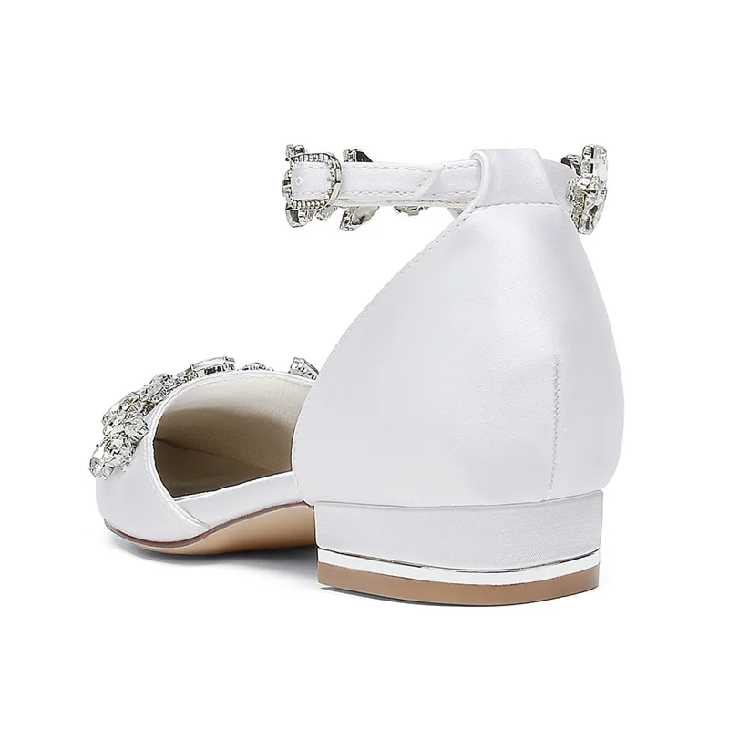 Satin Rhinestones Wedding Flats Shoes for Bride Pointed Toe Ankle Buckle Strap Women Bridal Flat Sandals