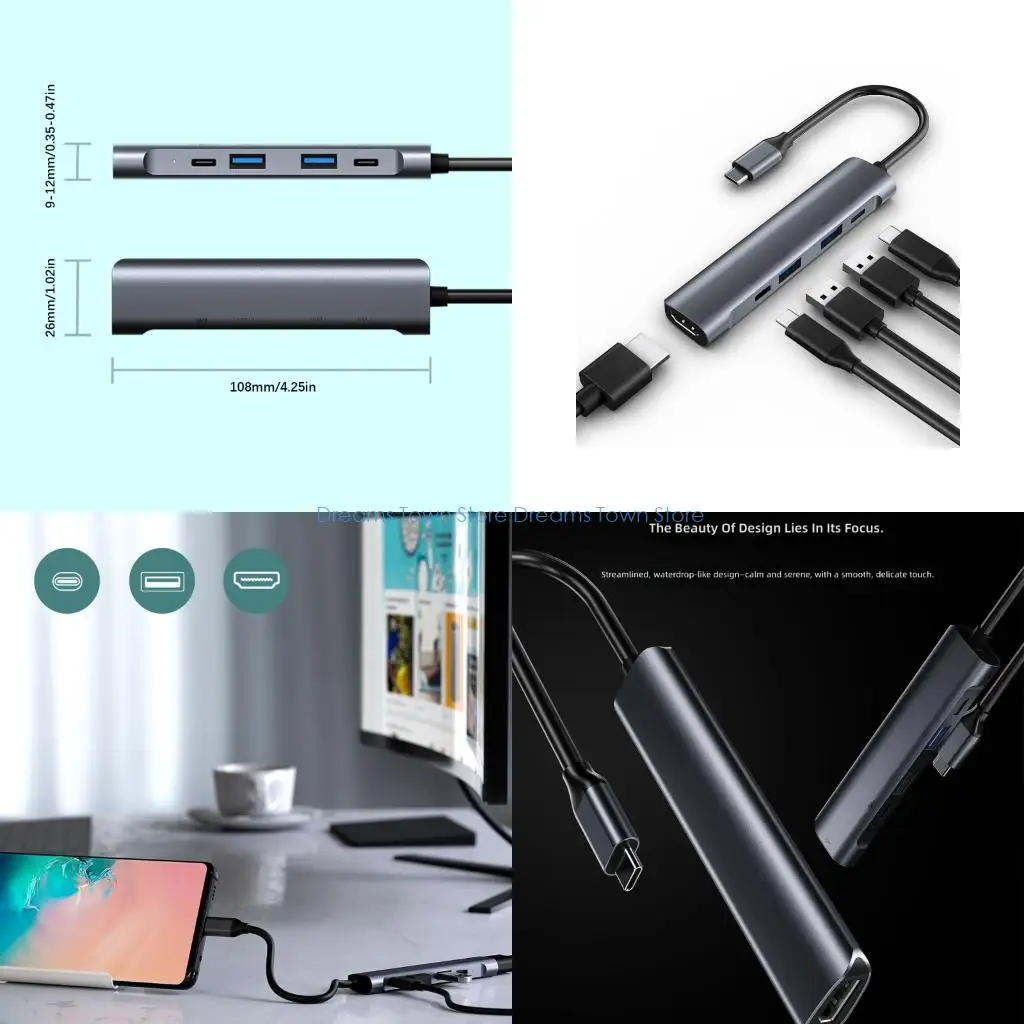 HX6A Multiport Type C Dock 5 In 1 4K HDTV Compatible Fast Data Transfer USB3.0 Hubs For Business Professionals