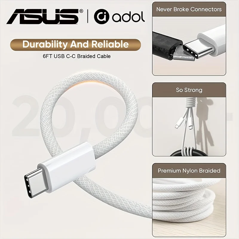 ASUS PD 60W USB C to Type C Fast Charging Cable for Apple iPhone 17 16 15 Pro Max Quick Wire Charging Data Cable Nylon Braided