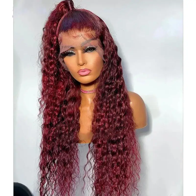 

Soft Long Glueless Burgundy 99j 26Inch Kinky Curly Lace Front Wig For Women With Baby Hair Synthetic Preplucked Daily
