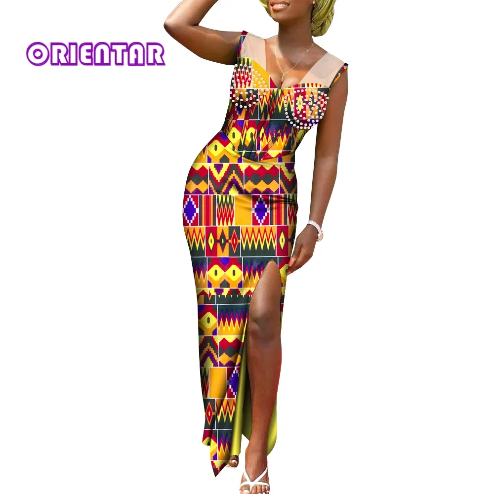 

African Dress Women's Bodycon Sleeveless Long Split Dress for Wedding Party Floral African Printing Female Clothing WY958