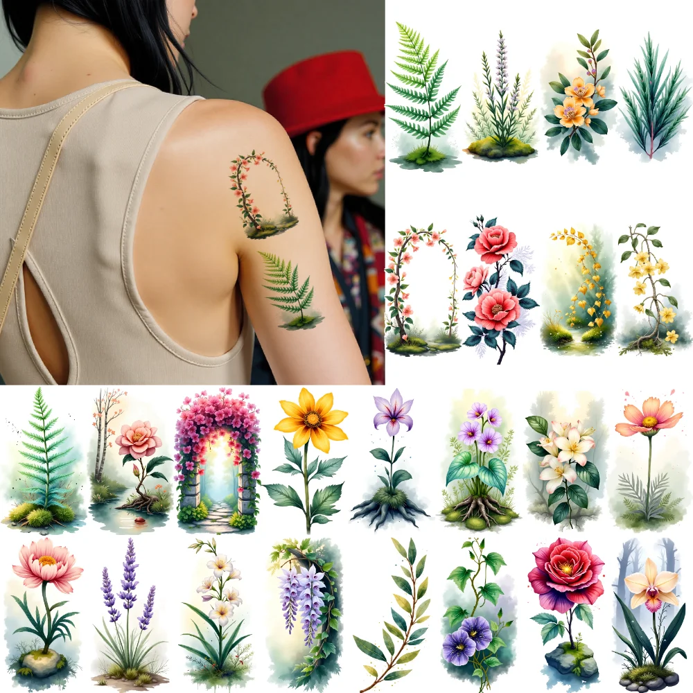 

9 шт. временных татуировок-наклеек с цветочным узором, акварельные ботанические татуировки, водостойкие, долговечные наклейки для тела для девочек, на руки