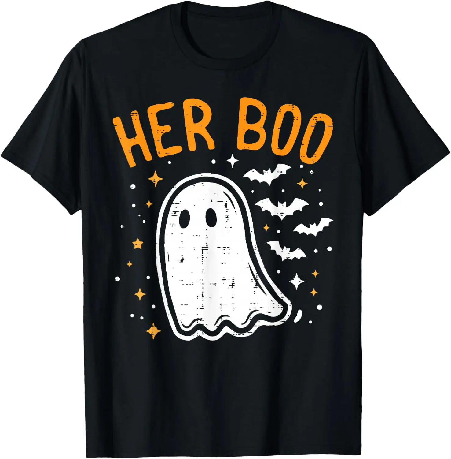 Halloween Her Boo Ghost Funny Couple Matching Costume Men T-Shirt Men Women Unisex Novelty Graphic T‑Shirt, Classic Crew Neck 100% Cotton Tee, Lightweight Anti‑Pilling Breathable Casual Tops, Year‑Round Daily Outfit, Holiday Birthday Present Tee