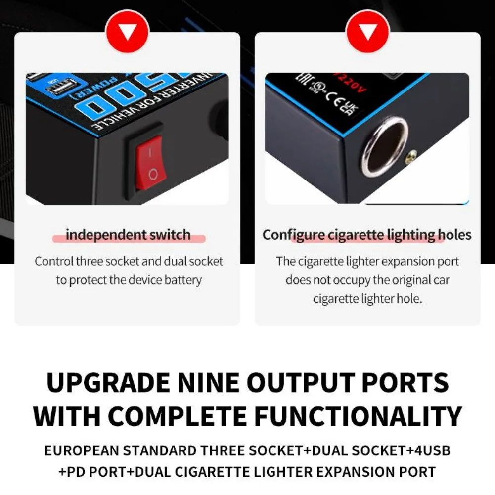 محول طاقة السيارة 12 فولت 24 فولت إلى 110 فولت 220 فولت شاحن مقبس السيارة مع منفذ USB PD شحن سريع ووظيفة السلامة #1