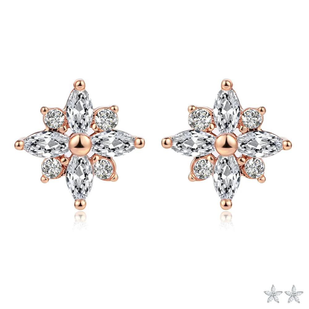 Double Fair Rhinestone Flower Stud Earrings Rose Gold Color Fashion Brand Crystal Wedding Jewelry For Women HotSale DFE616