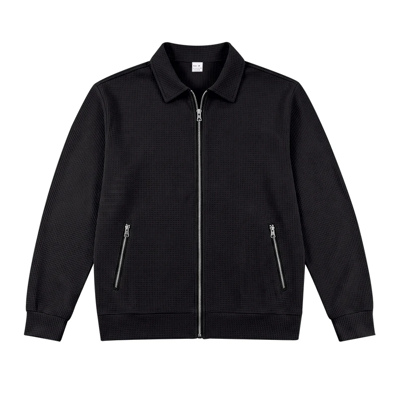 Herren Frühlings- und Herbstjacke aus Waffelstrick mit Reißverschluss, lässig, locker, leicht, mit Kragen, für den Alltag. – Detail 40
