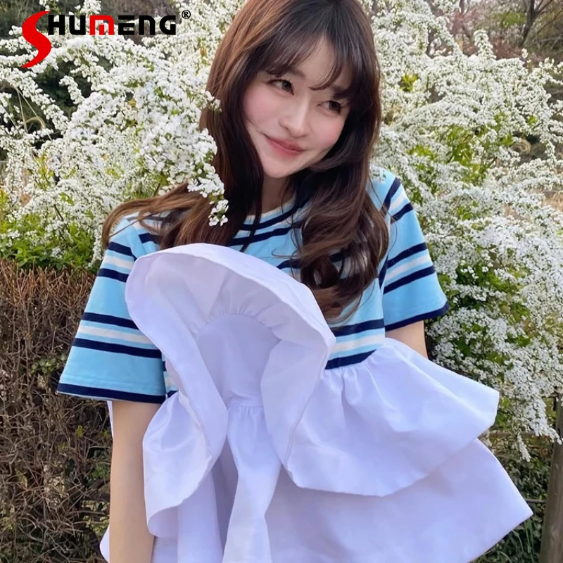 

Футболка с короткими рукавами и круглым вырезом, с контрастными полосками и рюшами, женская одежда, футболки в стиле кавайи, 2 цвета на выбор