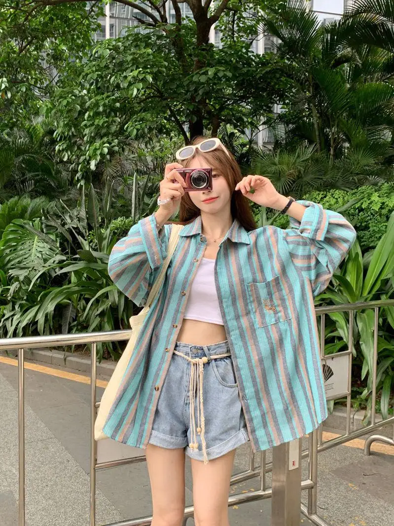 

Women's Loose Long Sleeve Sun Protection Shirt Spring Summer Striped Color Block BF Lazy Style Casual Versatile Outerwear