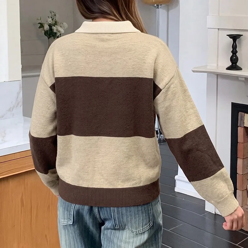 Women's Winter Clothing Oversized Korean Style Polo Neck Striped Long Sleeve Sweater with Drop Shoulder Three Button Placket