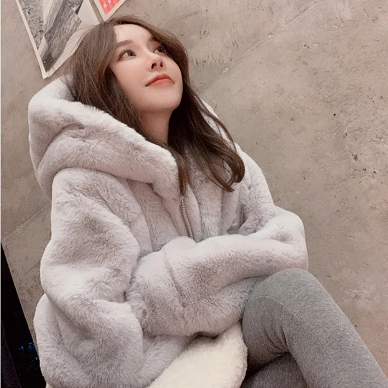2026 New Coat Women's Autumn and Winter Loose Plush Faux Rabbit Fur Hooded Cardigan Women Casual Fashion Medium Length Fur Coat