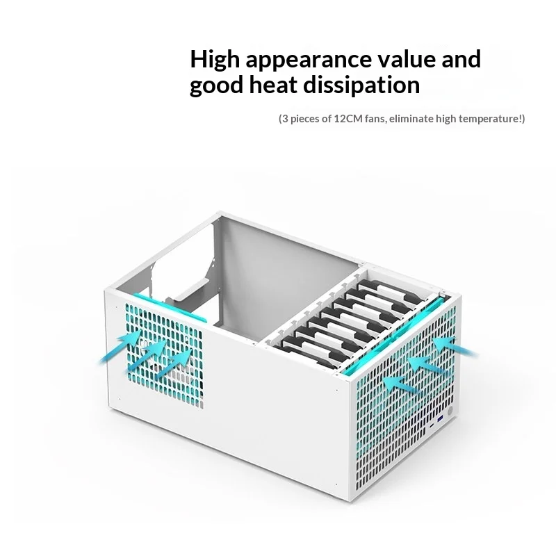 

8-Bay Hot-Swap NAS Chassis - MATX/ATX Support, 8x3.5" HDD + 2x2.5" SSD, Full PCIe Slots, 3x120mm Fans, 19L Steel Case