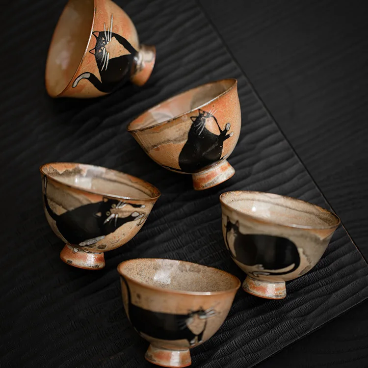 Ceramic tea cups creative retro handmade Kung Fu tea sets cartoon cat art tea cups handicrafts business gift giving home decor