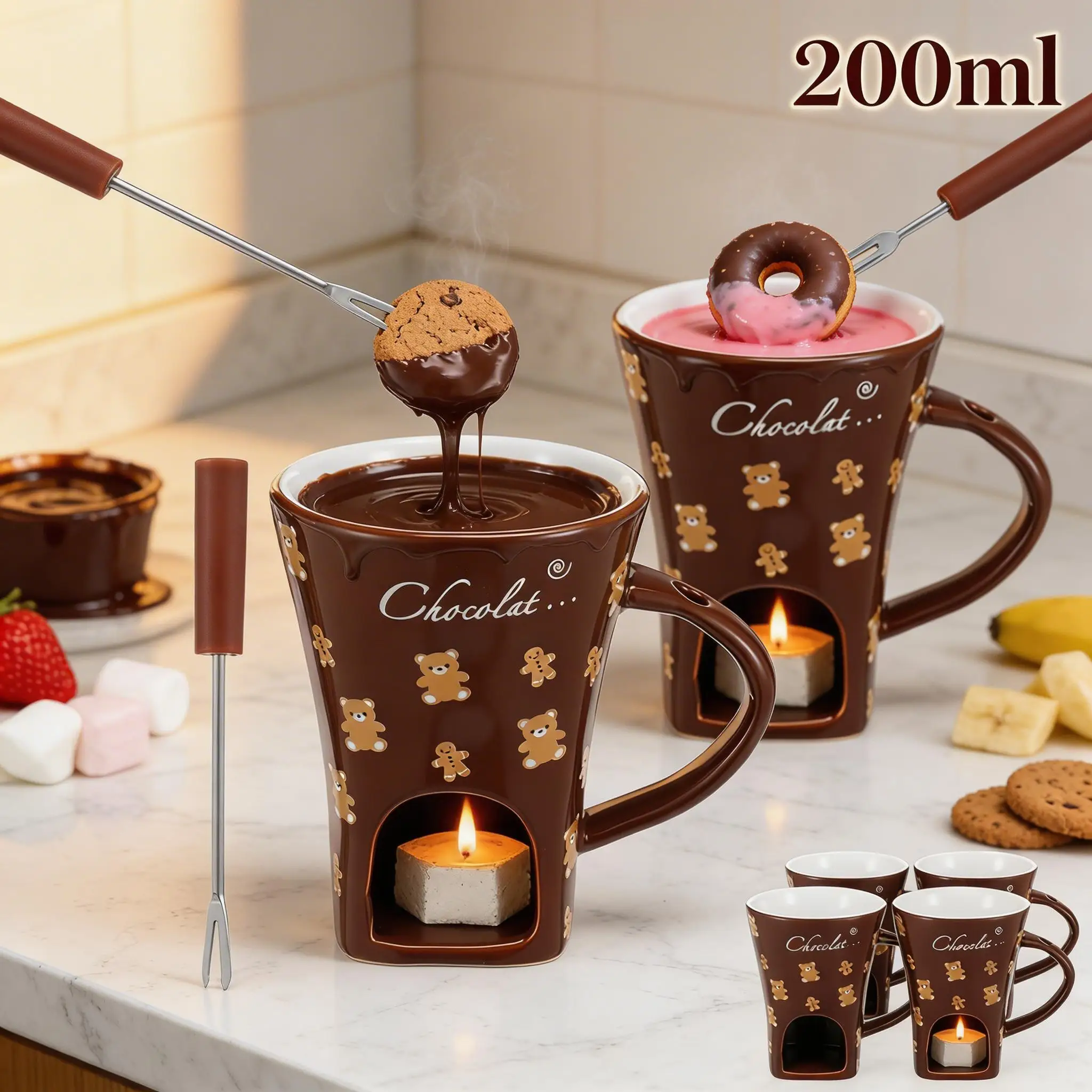 Taza de Cerámica para Derretir de 200 ml, Mini Taza para Fondue, Kit para Hacer Fondue de Chocolate, Queso y Helado, Taza Individual para Derretir Mantequilla