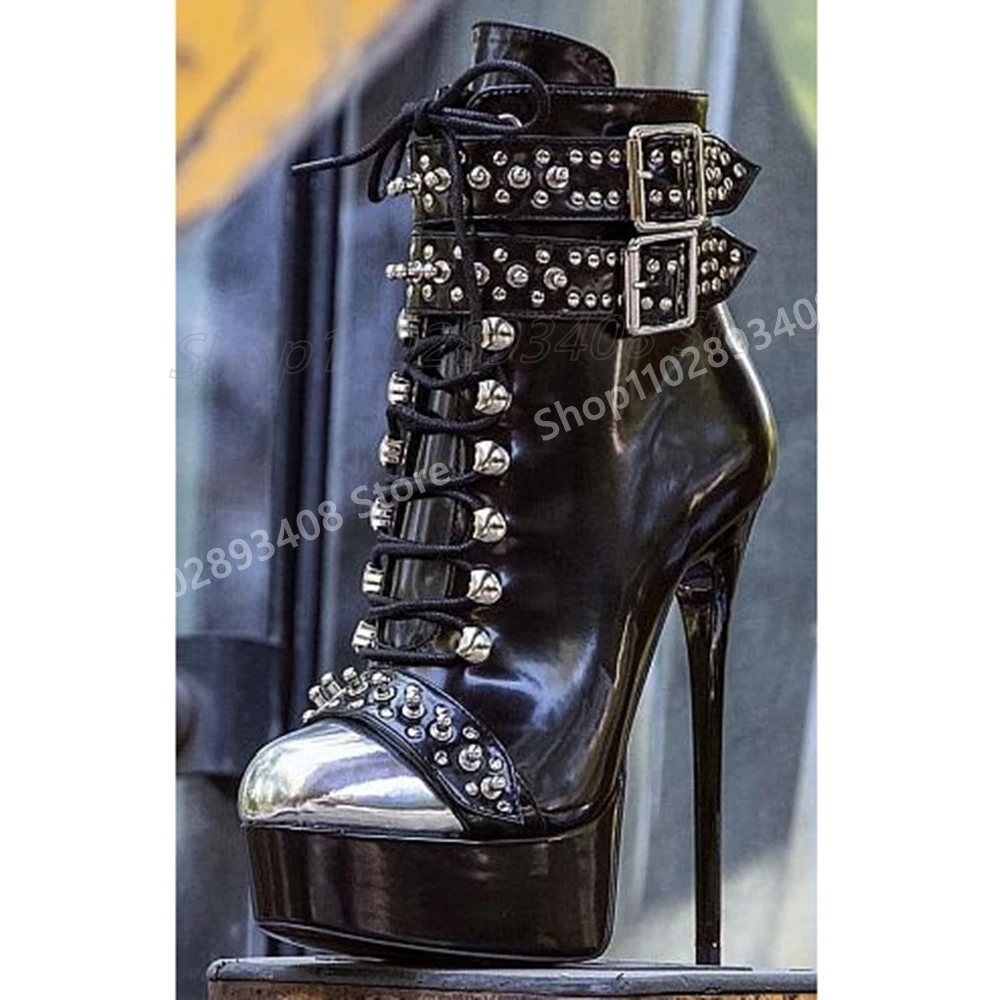 

Sexy Round Rivets Decor Cross Tied Ankle Boots Round Toe Stiletto High Heel Fashion Sexy Hot Women Shoes 2025 Spring Para Mujere
