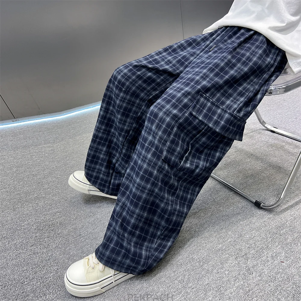 Spring Autumn Teenage Children Blue Plaid Cargo Pants with Side Pocket for Boys Casual Trousers Kids Loose Straight Sweatpants