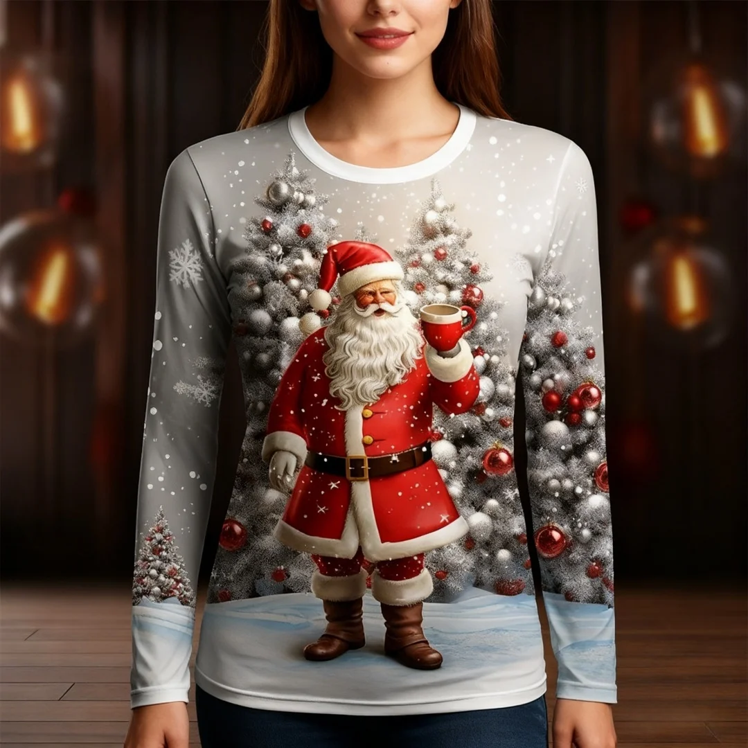 

Fashionable Design Women's Long Sleeved T-shirt 3D Printed Christmas Pattern Round Neck Casual Women's Street Minimalist Outdoor