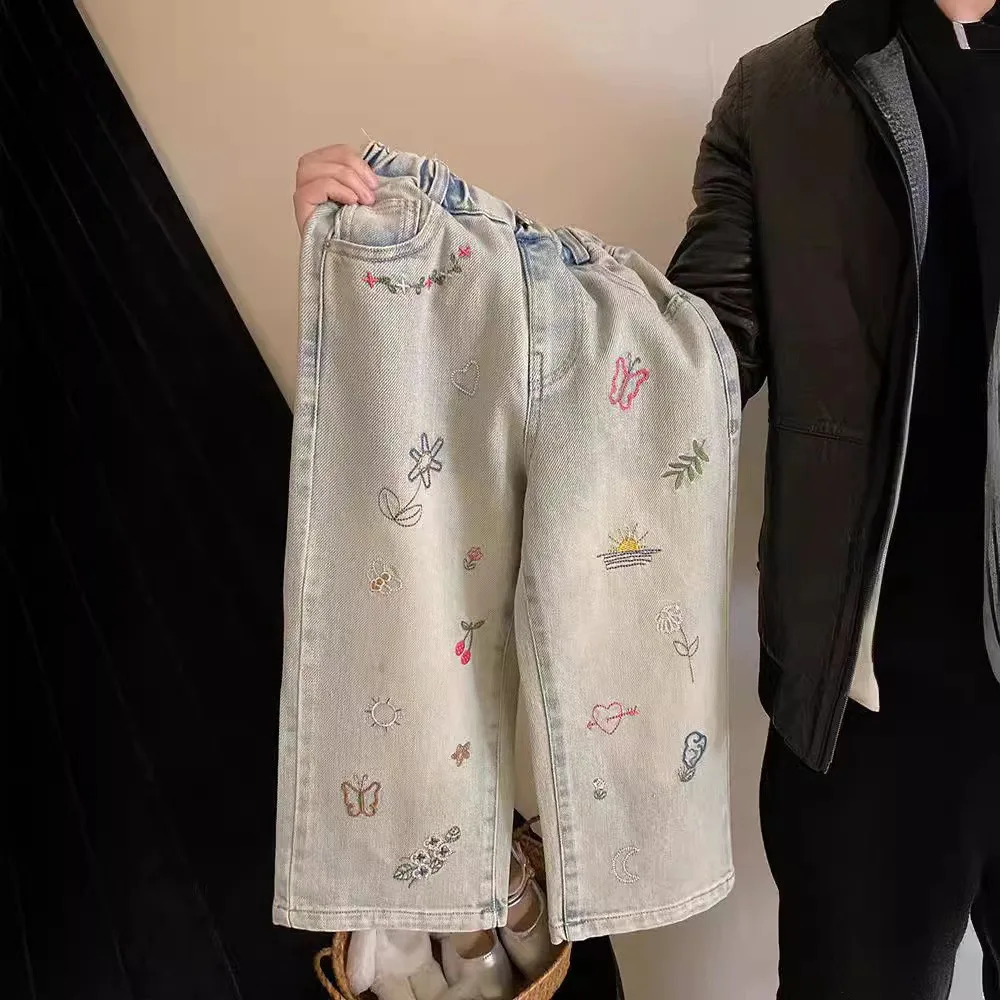 1-8Y Children's Embroidered Jeans for Girls Clothes 2025 New Baby Kids Loose Straight Pants Cute Princess Drawing Trousers