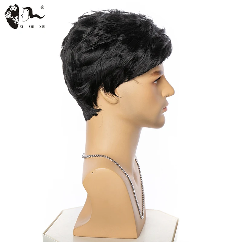 Short Straight Wave Hair Synthetic Wig With Bangs For Young Men Natural Black Brown Heat Resistant Fiber Pixie Cut Hair Male Wig