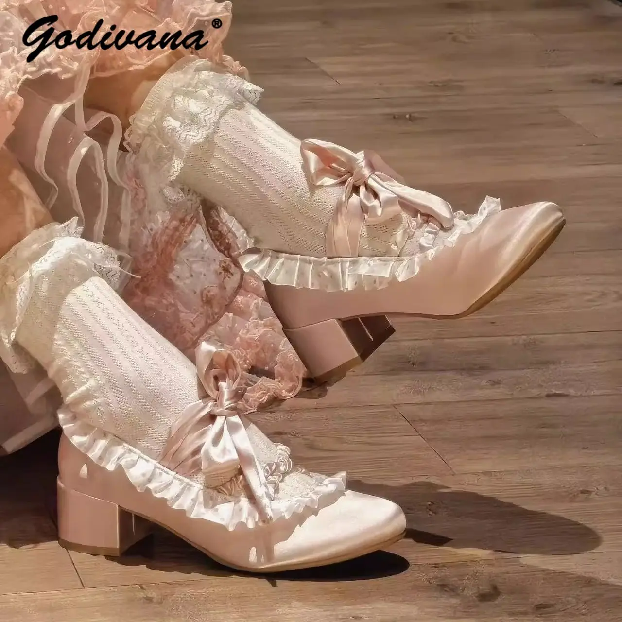 

Original Sweet Cute Polka Dot Lace-up Lolita Satin Shoes with Bow Girl Women's Elegant Mid Heel Pumps New Spring Mary Janes