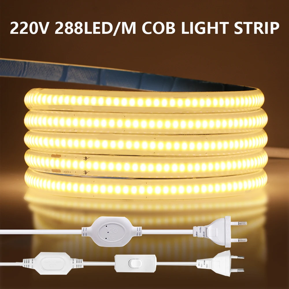 220V Switch COB LED Strip Light 5m 10m 20m 30m 50m EU Power Plug Flexible Adhesive Tape IP67 Waterproof 288LED/M Home Decoration