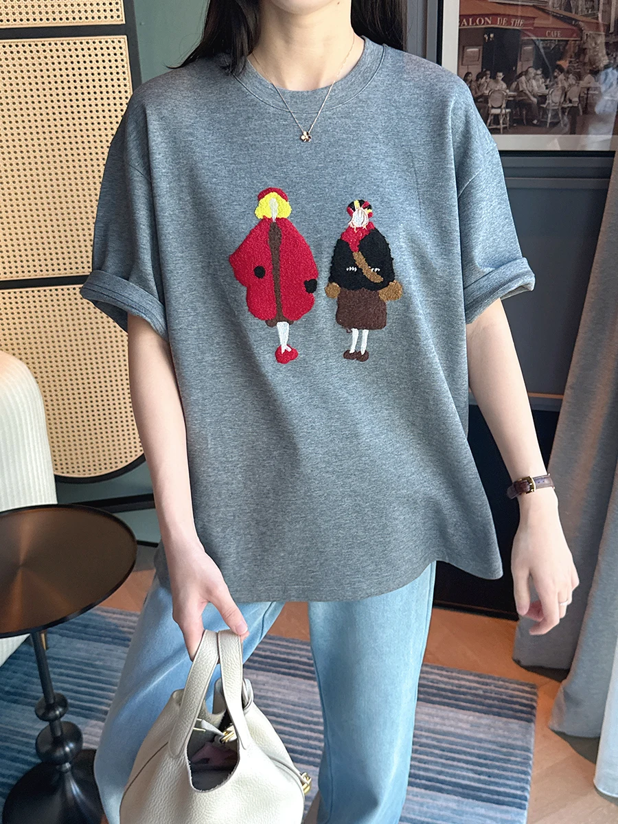 

Универсальная женская футболка в стиле ретро с вышивкой, свободного кроя, с коротким рукавом и круглым вырезом, повседневная, весенняя мода, однотонная.