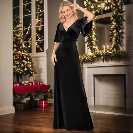 Vestido De noche Retro personalizado para mujer, Vestidos formales largos De terciopelo con cuello en V sexys, Vestidos De Novias