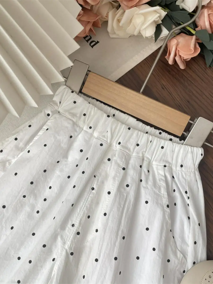 Summer 2025 White Ruffle Polka Dot Straight Leg Pants Thin Mosquito Proof Wide Leg Pants for Girls Children's Casual Trousers