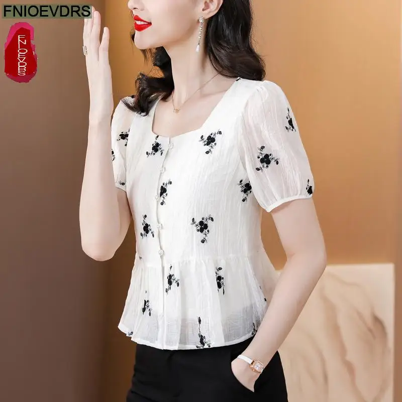 S-3XL 2023 Women Summer Short Sleeve Elegant Office Lady Work Button Shirt Casual Slim Cute Square Neck Peplum Tops And Blouses