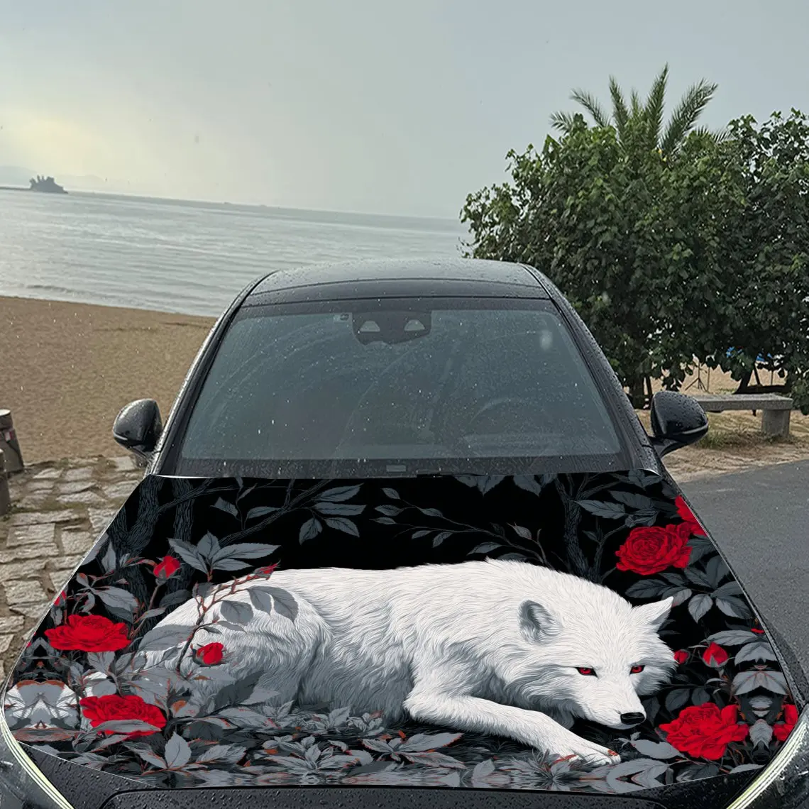 Realm of White Wolf und Red Roses Auto-Vinylfolie, wasserdichter Autohaubenaufkleber aus PVC-Material, selbstklebender, kratzfester Stic