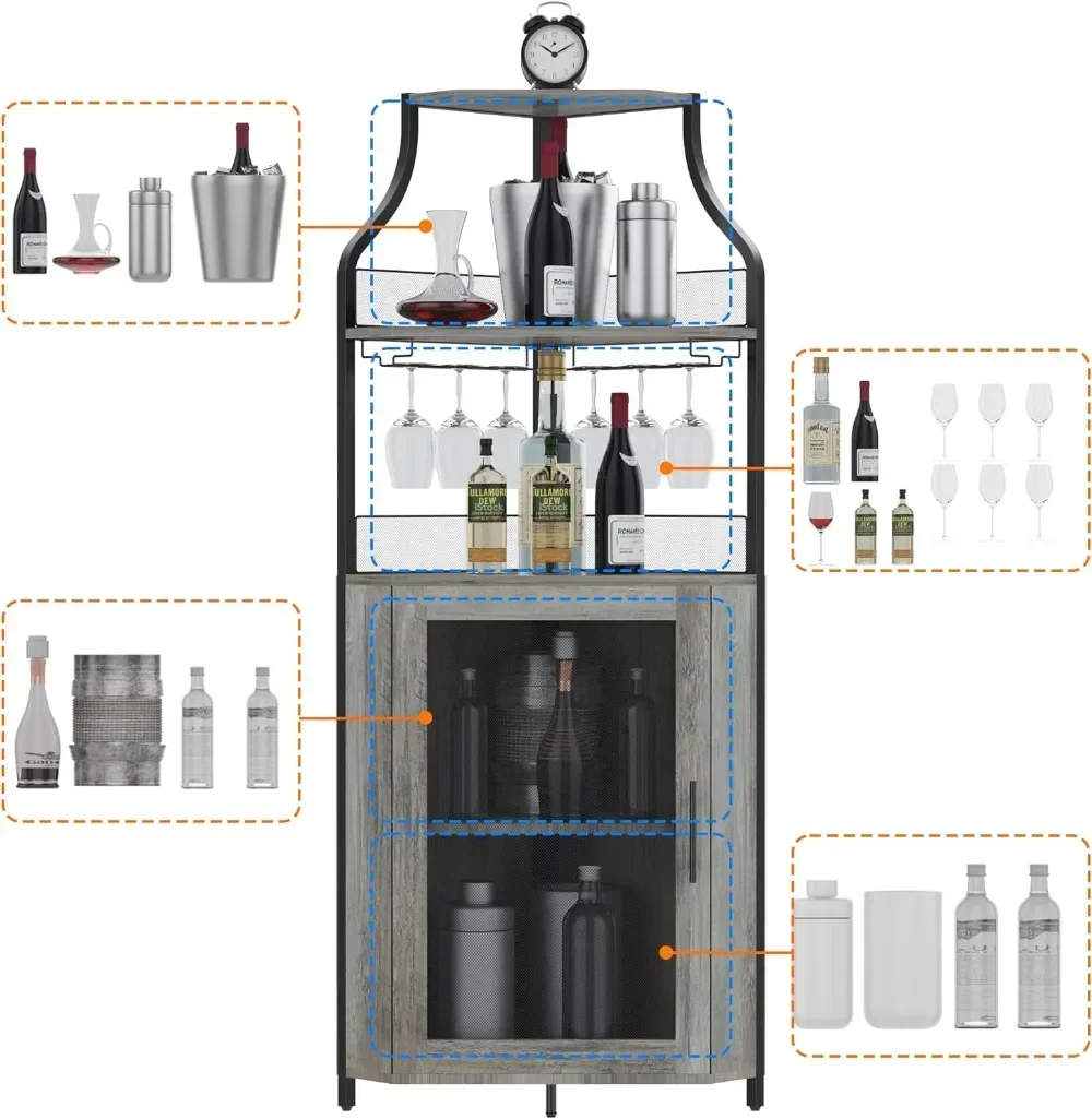 

Corner Cabinet with Removable Wine Rack, Wine Bar Cabinet with Barn Door and Adjustable Shelves, Industrial Wine Cabinet