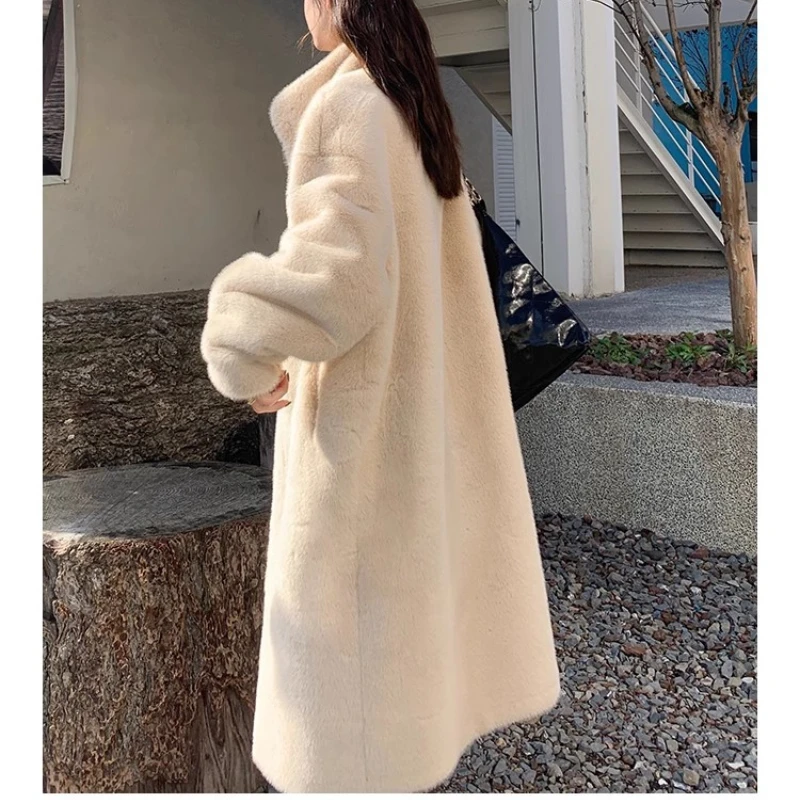 Women's Mid Long Winter Jacket Lapel Single Breasted Faux Mink Double Faced Fur Coat Elegant White Plush jackets Femme Tarf Za