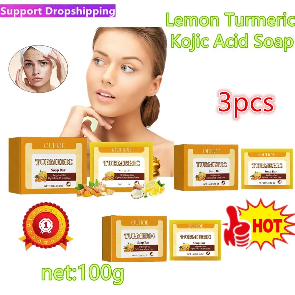 3x Lemon Turmeric Kojic Acid Soap Bar Turmeric Face And Care Body Soap Care Skin Body Oil Removal 100g Acne Soap Whitening Skin