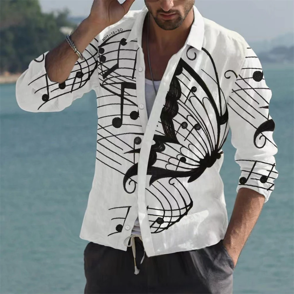 Popular long-sleeved men\'s shirt casual shirt musical note 3D printing extra large size 6XL