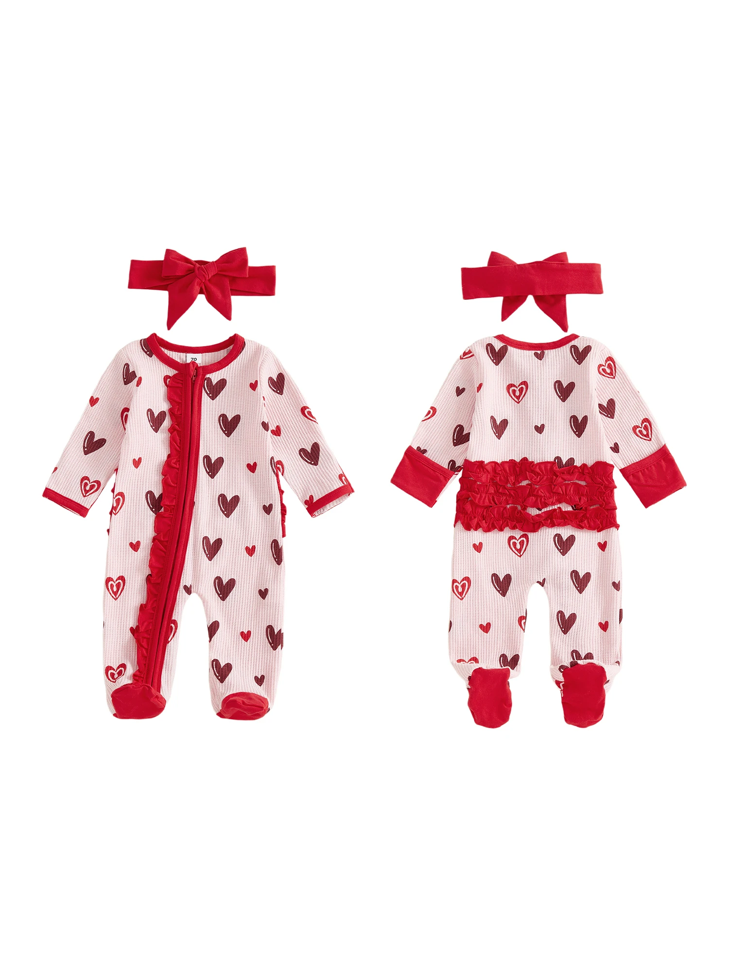 

Комбинезон с длинными рукавами и круглым вырезом с принтом сердца на День святого Валентина для младенцев, комплект с повязкой на голову для маленькой девочки