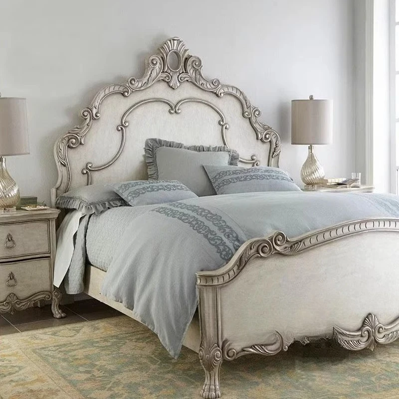 

French full 1.5 meters solid wood bed, antique white European 1.8 meters double bedside table tiger feet retro wedding bed