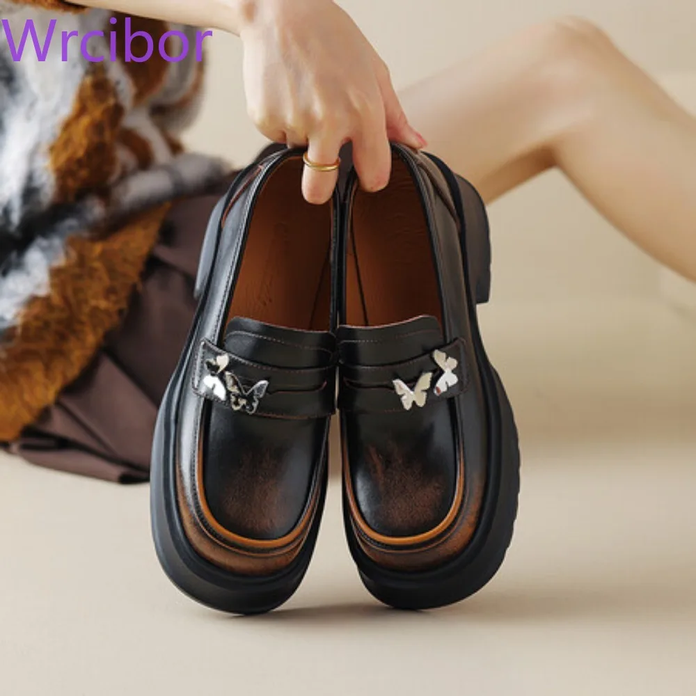 

Women's Shoes Take heel shoes cow leather round toe have black and brown genunine leather office lady Butterfly decoration