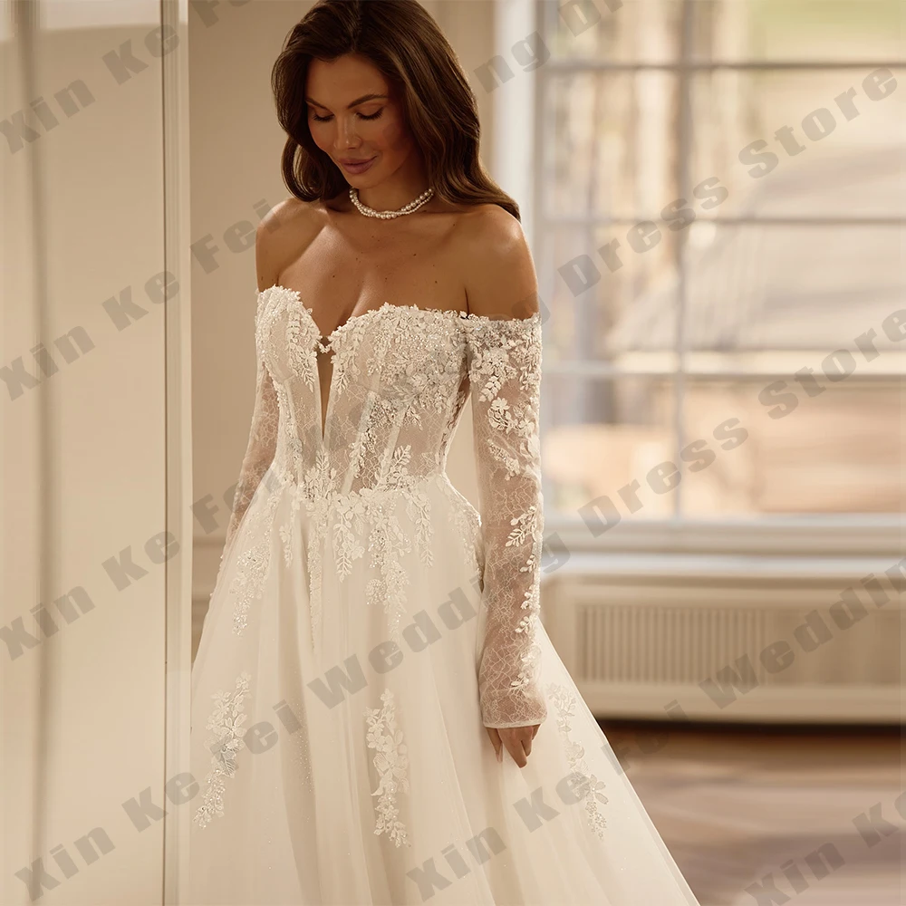 Vestidos de novia con purpurina para mujer, corte en A, sexy, con hombros descubiertos, apliques de encaje de princesa, vestidos de novia para fiesta formal, personalizados nne