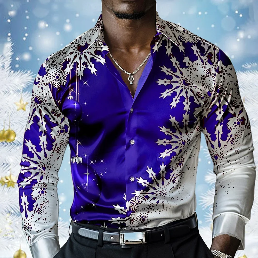 

Christmas Men's Christmas Scene 3d Printed Formal Shirts Snowflake Casual Fashion Lapel Button Long Sleeve Party Men Shirt