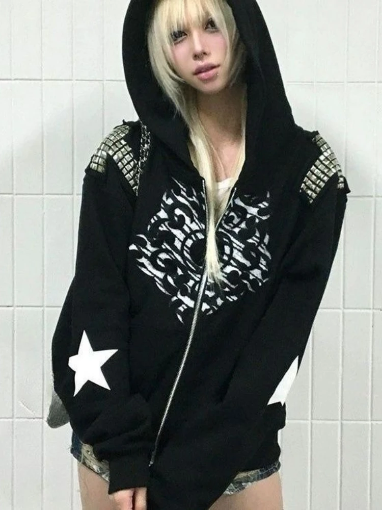 

Harajuku черный принт панк толстовки женская уличная повседневная свободная толстовка Y2k эстетичная винтажная толстовка на молнии в стиле гранж