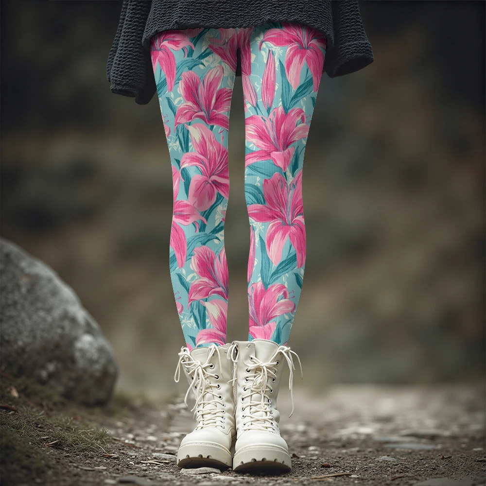 Women's Bright Pink Lily Print Leggings Vivid Floral Pattern Warm Winter Tights for Outdoor Casual Colorful Fitness Leggings