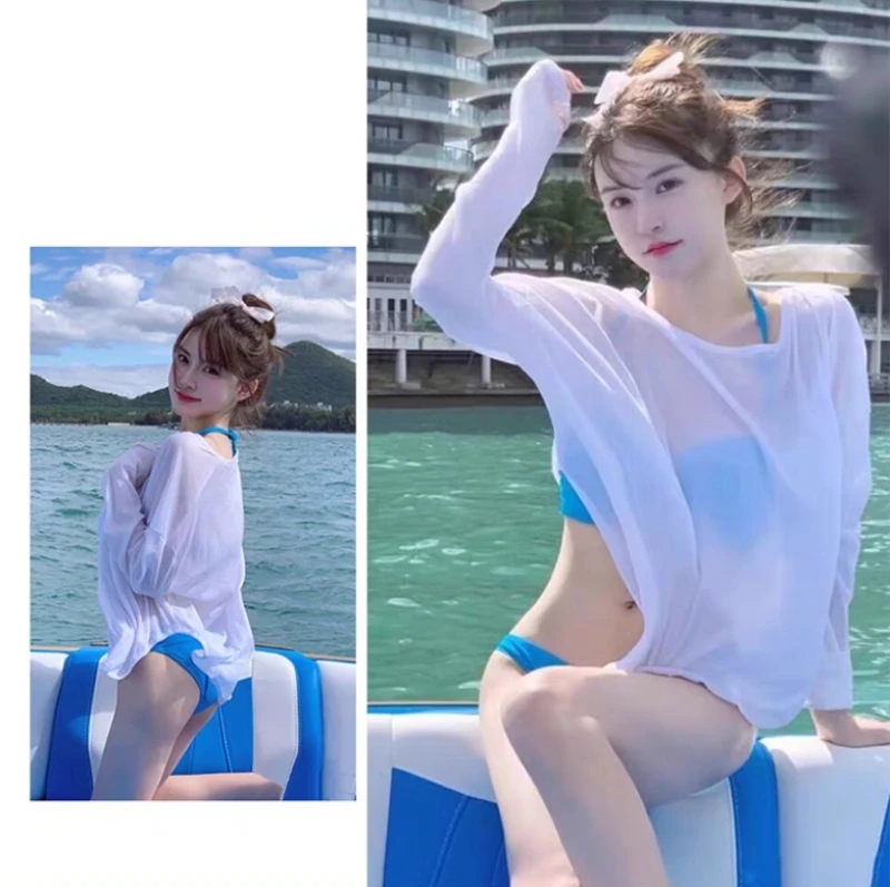 

2024 Женский пляжный пуловер из бамбукового хлопка с круглым вырезом и открытыми плечами, прозрачный, для плавания и пляжа