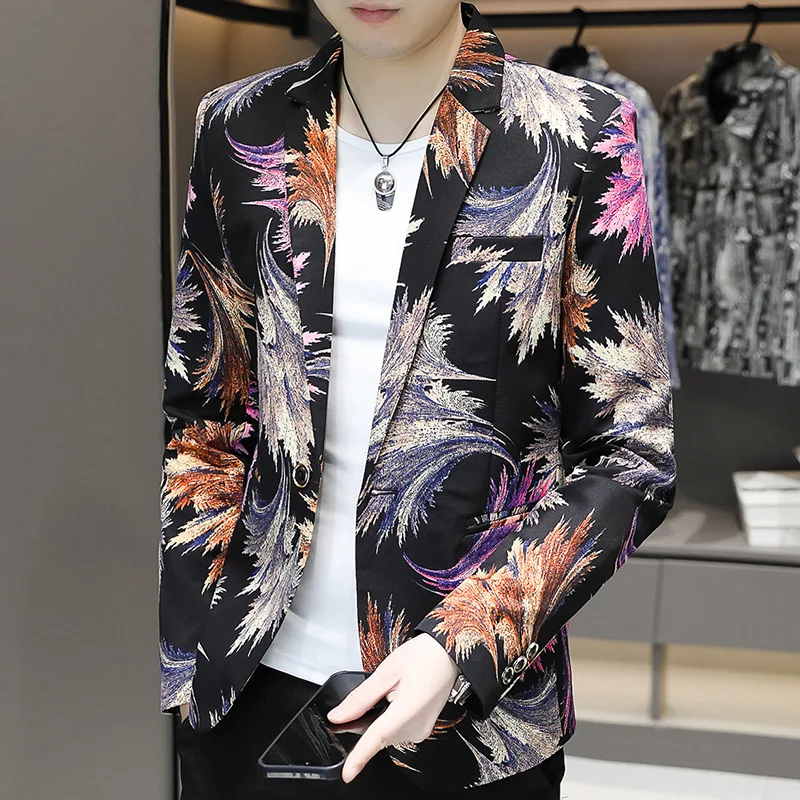 2024The New Men\'s Fashion Handsome Printed Suit Casual Korean Version of The Trend Banquet Stage  Blazers   Blazer Masculino