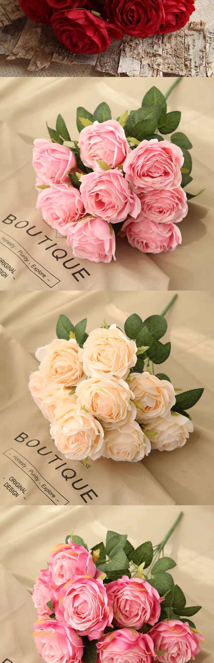 10 Rosenköpfe im europäischen Stil, künstliche Pfingstrosen, Brautstrauß, retro-romantische Hochzeitsdekoration, Wohnzimmer, Heimdekoration, Event-Layout – Detail 5