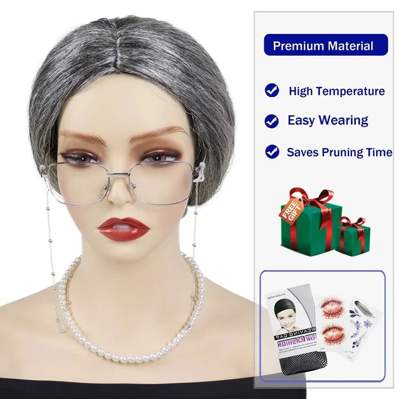 Conjunto de peruca sintética velha senhora avó avó cosplay perucas, óculos, corrente de óculos, colar de pérolas (4 peças) fantasia diária de halloween