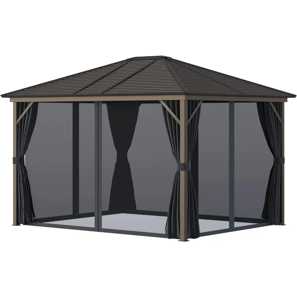 10' x 12' Hardtop Gazebo with Curtains and Netting, Permanent Pavilion Metal Single Roof Gazebo Canopy with Aluminum