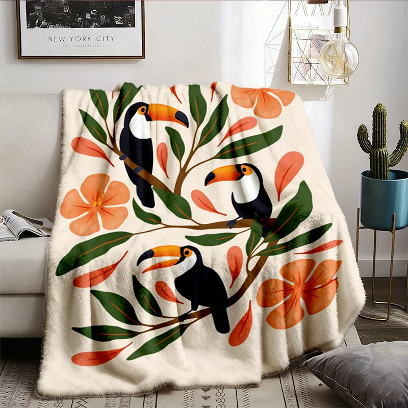 Tropical Toucan Flannel Blanket, Vintage Botanical Jungle Throw, Summer Vacation Nature Gift