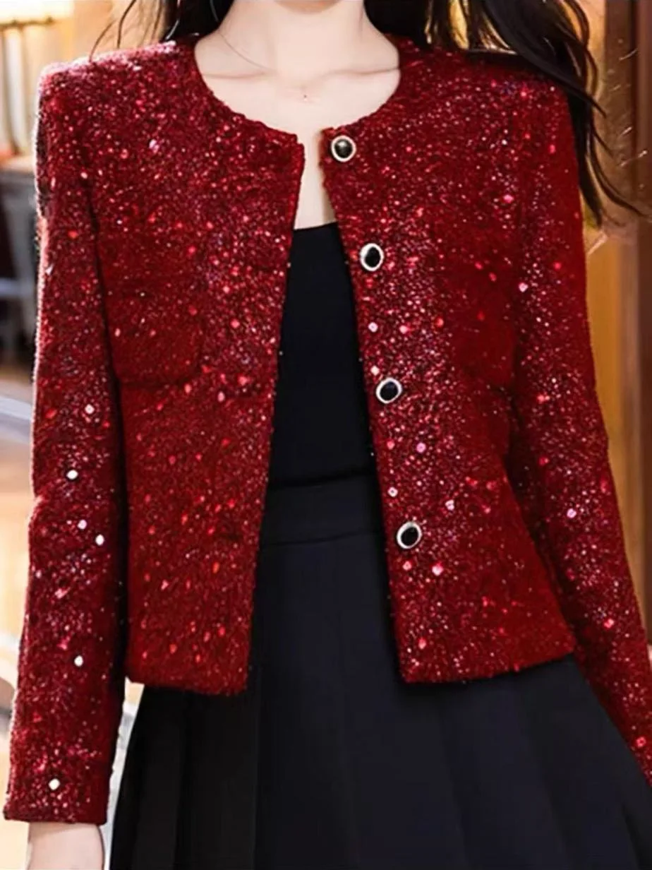 Red Carpet Event Ready Women's Short Sequin Jacket Heavy Embellishment Wine Red Color Perfect for Autumn Gatherings And Parties