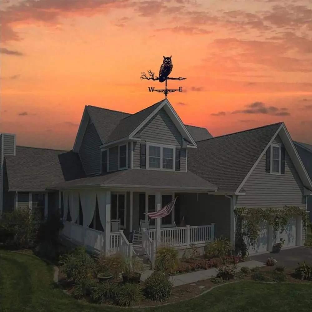 Creativity Owl Weather Vane Black Metal Wind Indicator Roof Garden Decorations Outdoor Crafts Weathercock