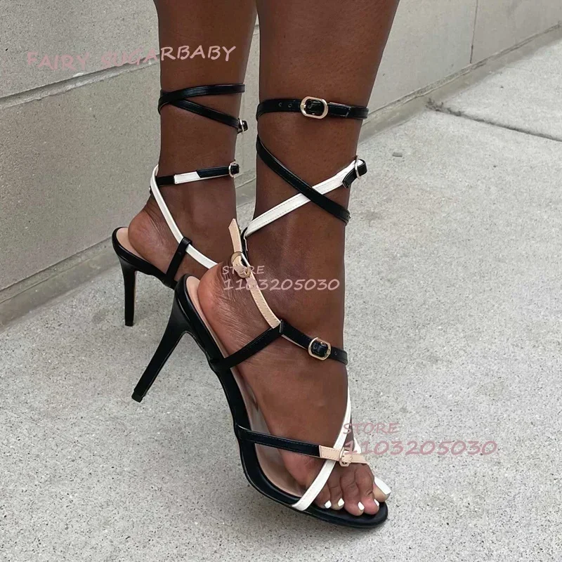 

Black Leather Hollow Stiletto Sandals Women Low Heels Beach Straps Open Round Buckle Open Heels Sexy White Leather Girls Shoes